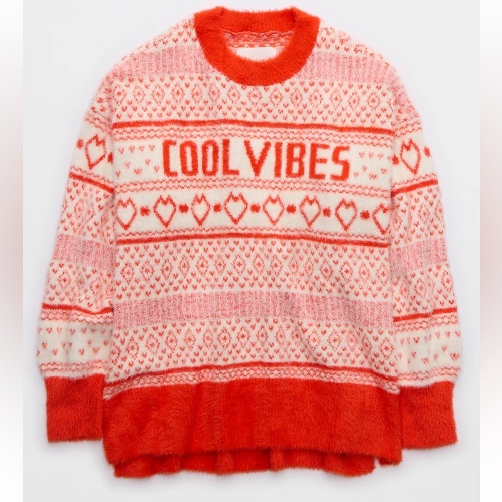 Aerie Flurry Oversized Sweater Starburst Cool Vibes Red size Small NWT hearts - Picture 4 of 7